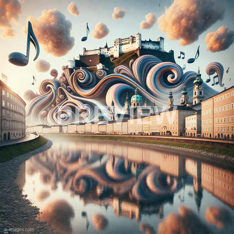 The image depicts a surreal scene of a cityscape with classical European-style buildings and church spires along a riverbank, with a large hill or castle in the background under a sky filled with fluffy clouds. Above the city, swirling, colorful, and exaggerated cloud formations blend into swirling patterns that resemble abstract, stylized clouds, with some musical notes floating in the sky, creating a whimsical, dreamlike atmosphere. The overall composition combines realistic architecture with fantastical, artistic elements in the sky.
